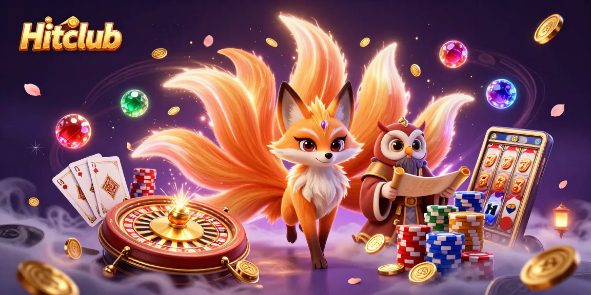 Hitclub offers a vibrant 3D scene with dynamic characters and casino elements, including a nine-tailed fox spirit.