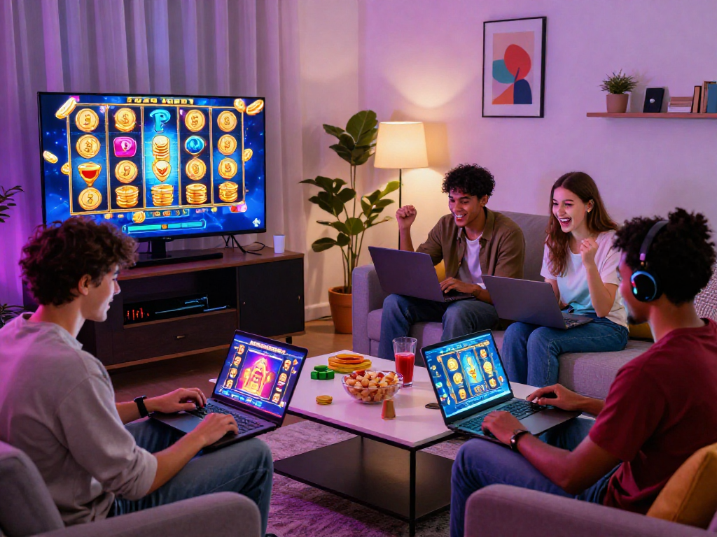 Exciting scene of players enjoying slot88 games in a modern living room, celebrating wins with vibrant game graphics.