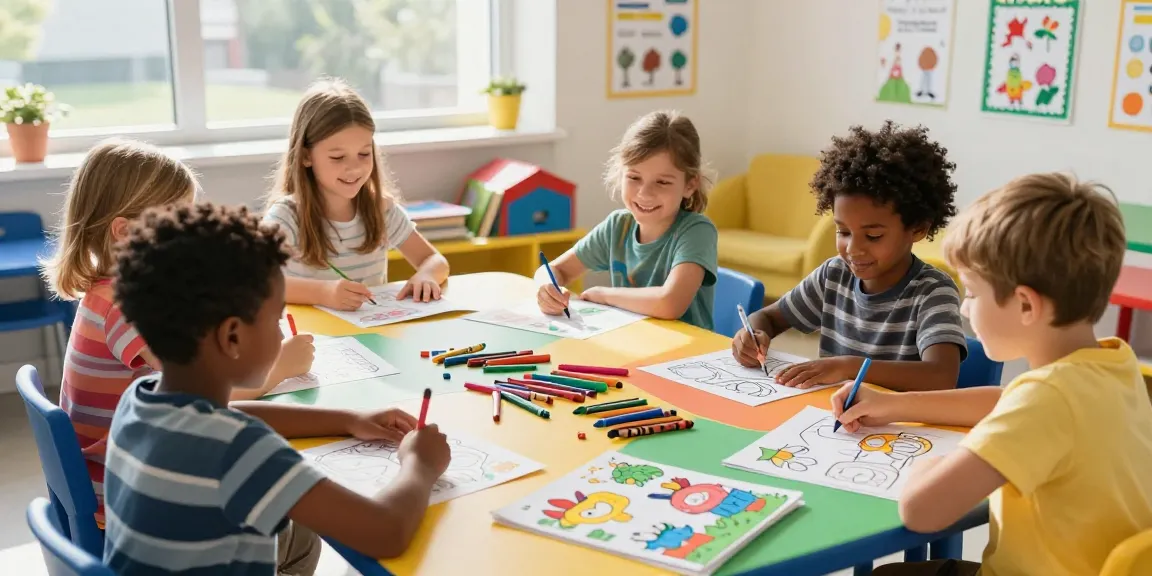 Engaged kids coloring on vibrant pages for kids in a bright classroom setting.