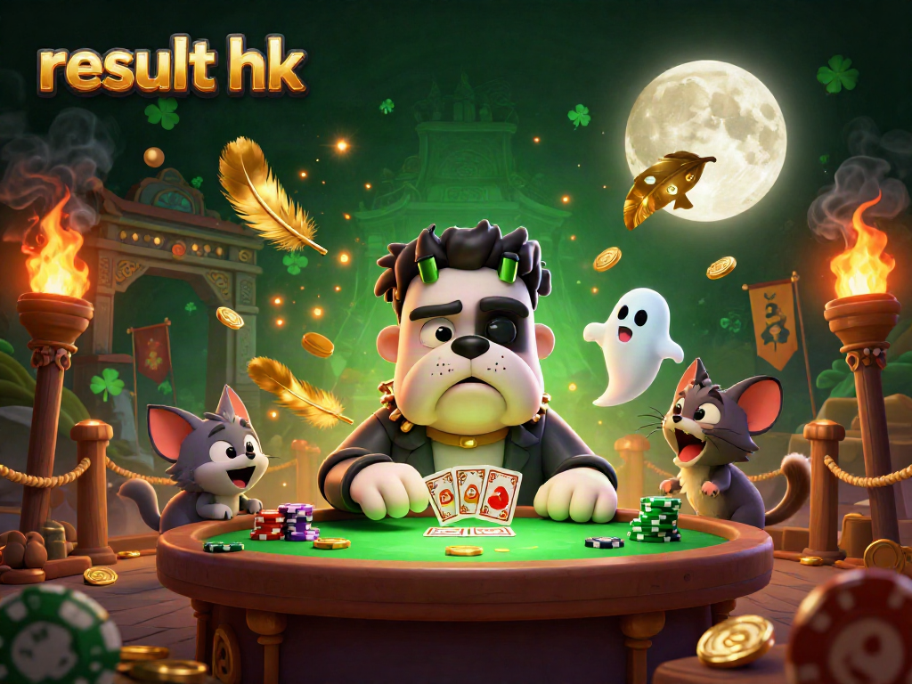 Menyajikan hasil hk dengan bulldog Frankenstein dan teman-teman dalam suasana kasino yang menegangkan.