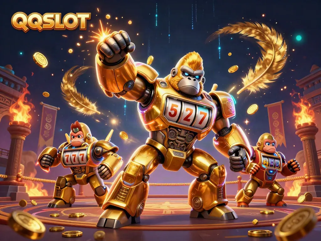 Engage with QQSLOT's dynamic gaming world featuring a golden gorilla mech amid thrilling casino elements.