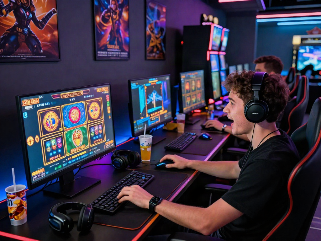 Engaging player at computer desk with bandar slot game setup, colorful interface and gaming accessories.