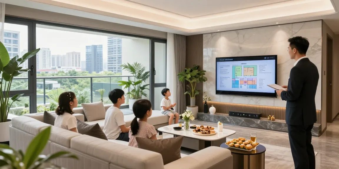 Dover Residences Showflat with a family exploring a luxury living room and modern amenities.