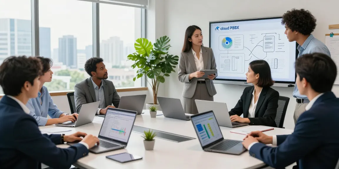 Team collaboration in a modern office discussing advanced cloud PBX solutions, showcasing the keyword מרכזייה בענן in a professional setting.
