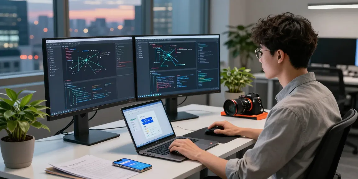 快连 application interface design in a modern workspace with dual monitors showcasing coding activities.