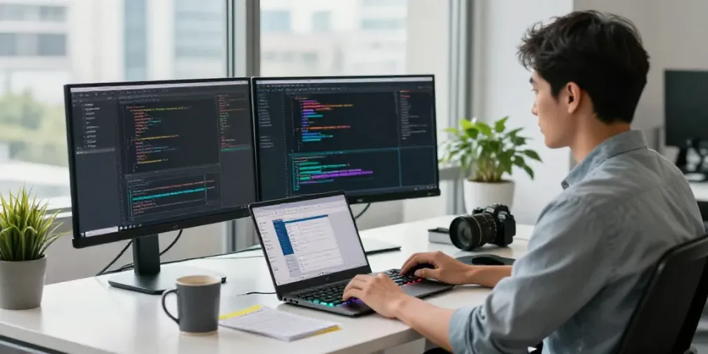 Professional workspace with a software developer coding using an AI tutorial articles generator in a modern office environment.