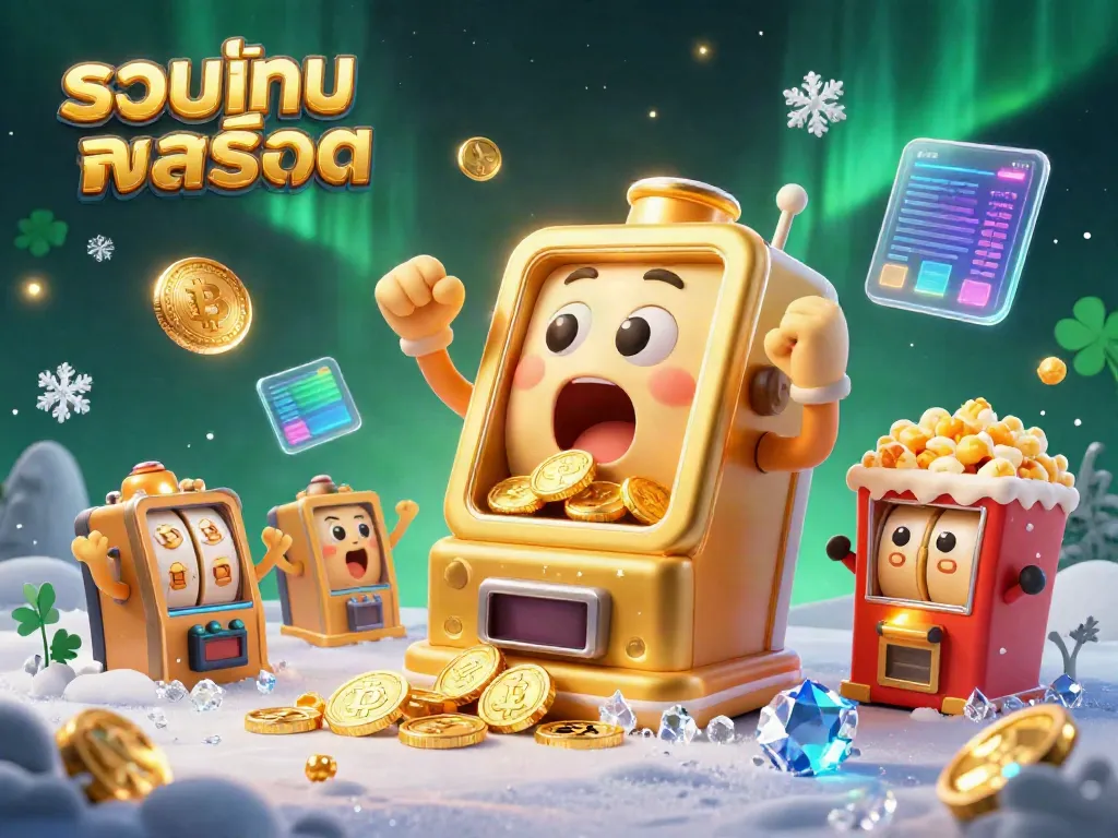 Join the excitement of รวมเกมสล็อต as a golden slot machine hits a jackpot, surrounded by playful baby machines and crypto elements.