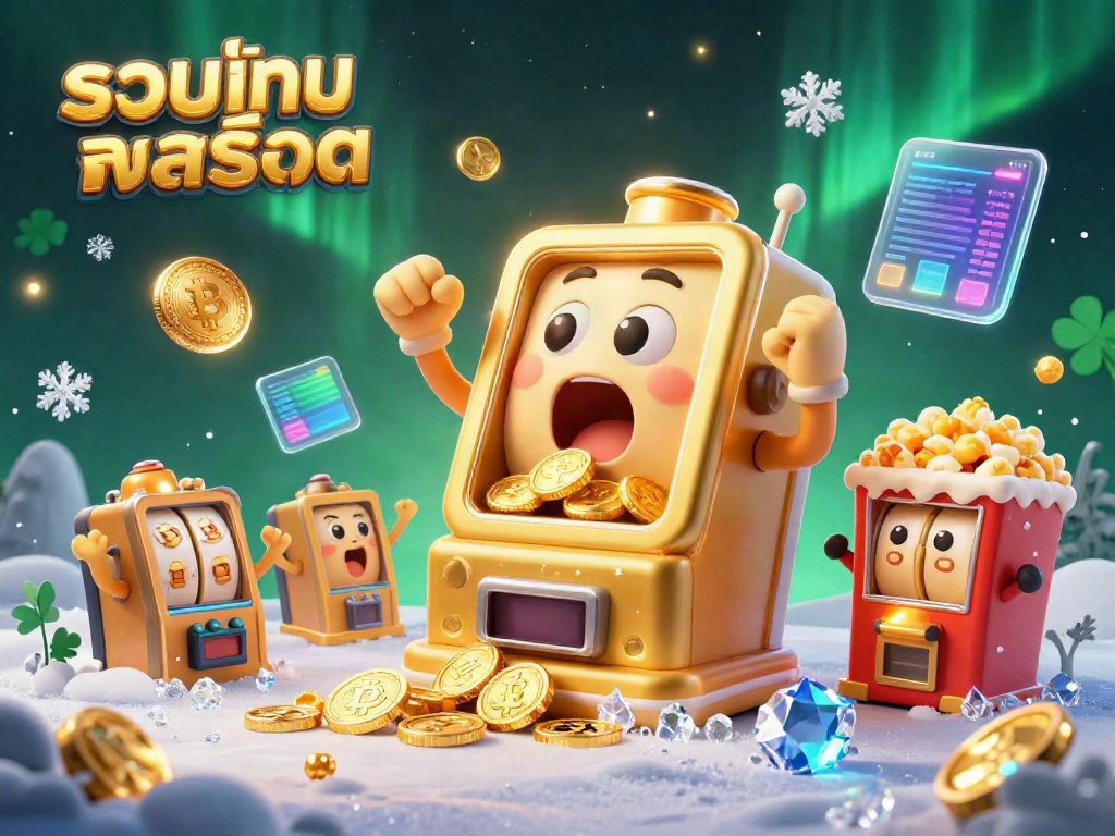 Join the excitement of รวมเกมสล็อต as a golden slot machine hits a jackpot, surrounded by playful baby machines and crypto elements.