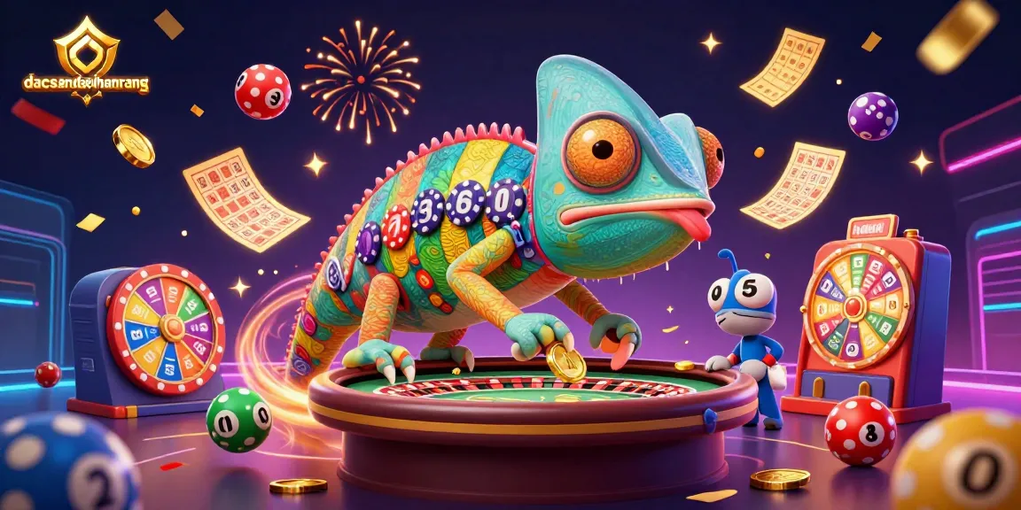 Experience dacsandatphanrang's vibrant casino action with a colorful chameleon snapping up golden coins.