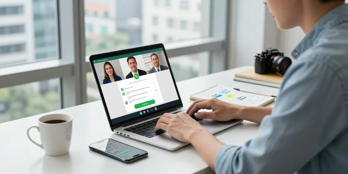 WhatsApp網頁版 workspace with a person on a video call, laptop, coffee, and city view