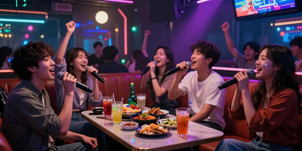Friends enjoying a lively 강남가라오케 night with colorful lights and drinks.
