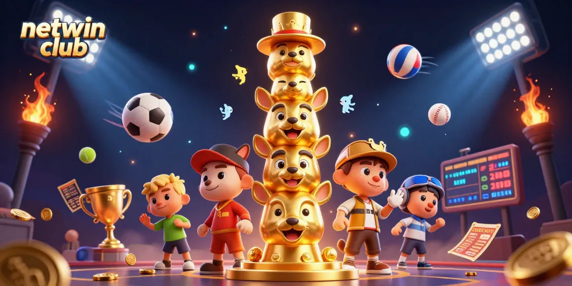 Engage with the vibrant netwin club in this 3D casino illustration featuring a dynamic totem pole and flying sports elements.