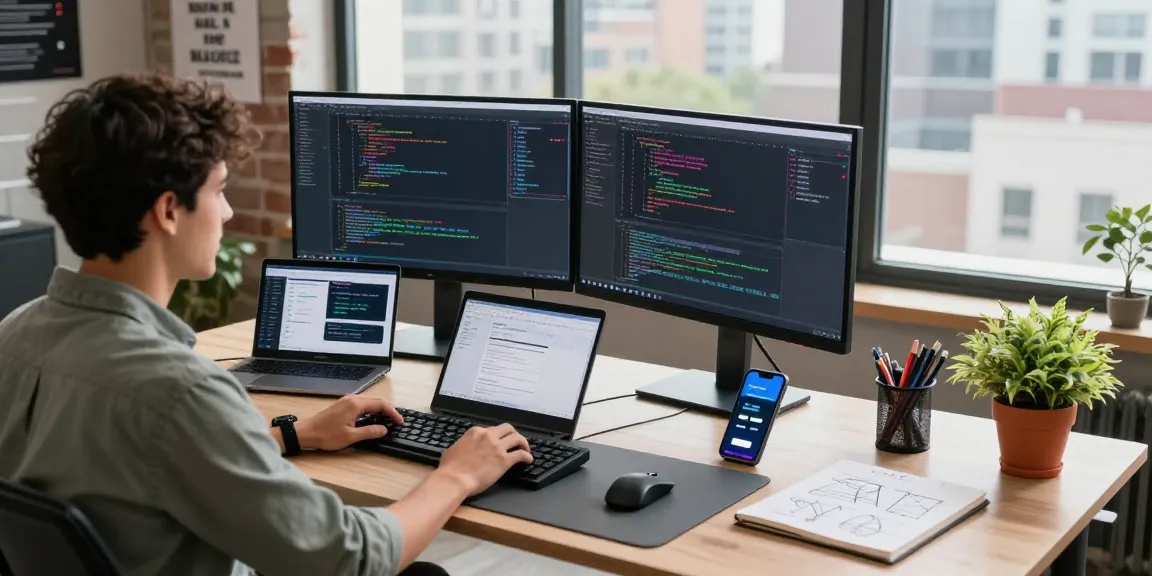 快连 software developer at modern workspace with dual monitors showcasing code and design, creating a productive tech atmosphere.