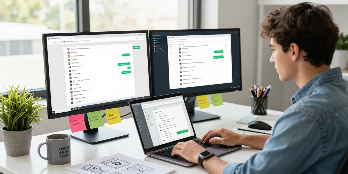 Professional using WhatsApp網頁版 on laptop in a bright office setting, showcasing collaboration tools and productivity.