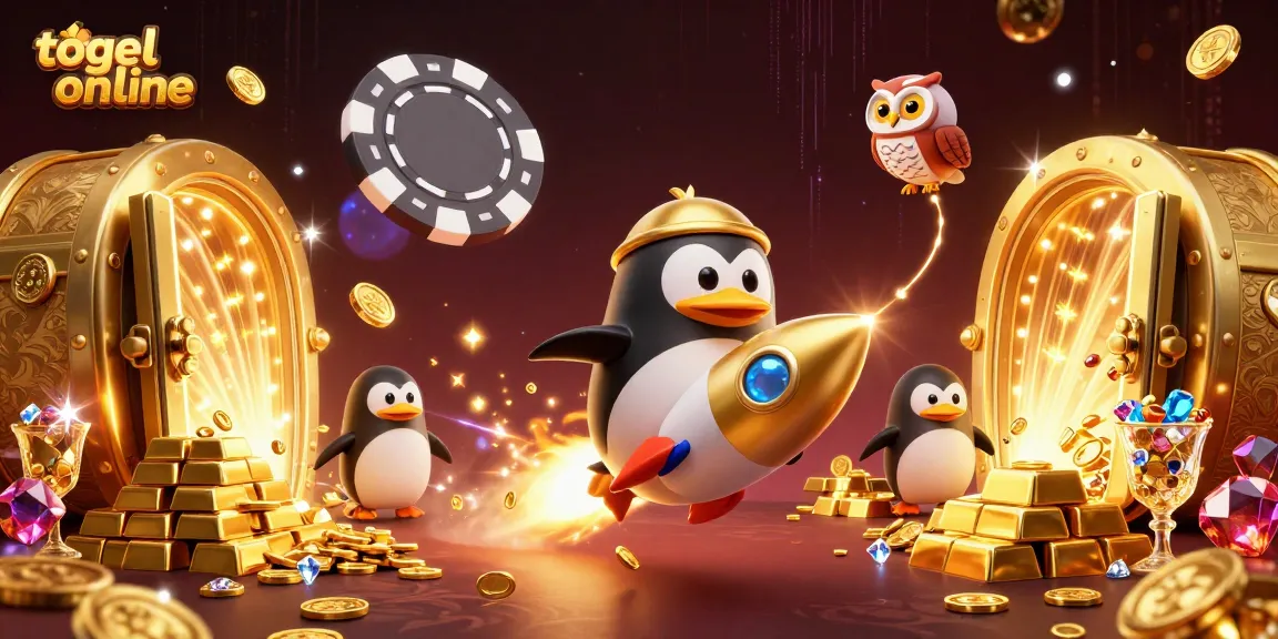 Experience the thrill of togel online with dynamic visuals featuring a golden penguin and treasures.