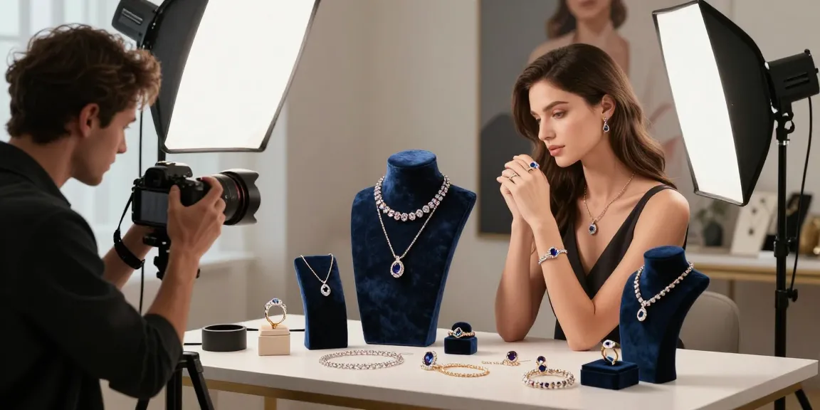 Fotografo di Gioielli in studio professionale mentre cattura pezzi di gioielleria eleganti.
