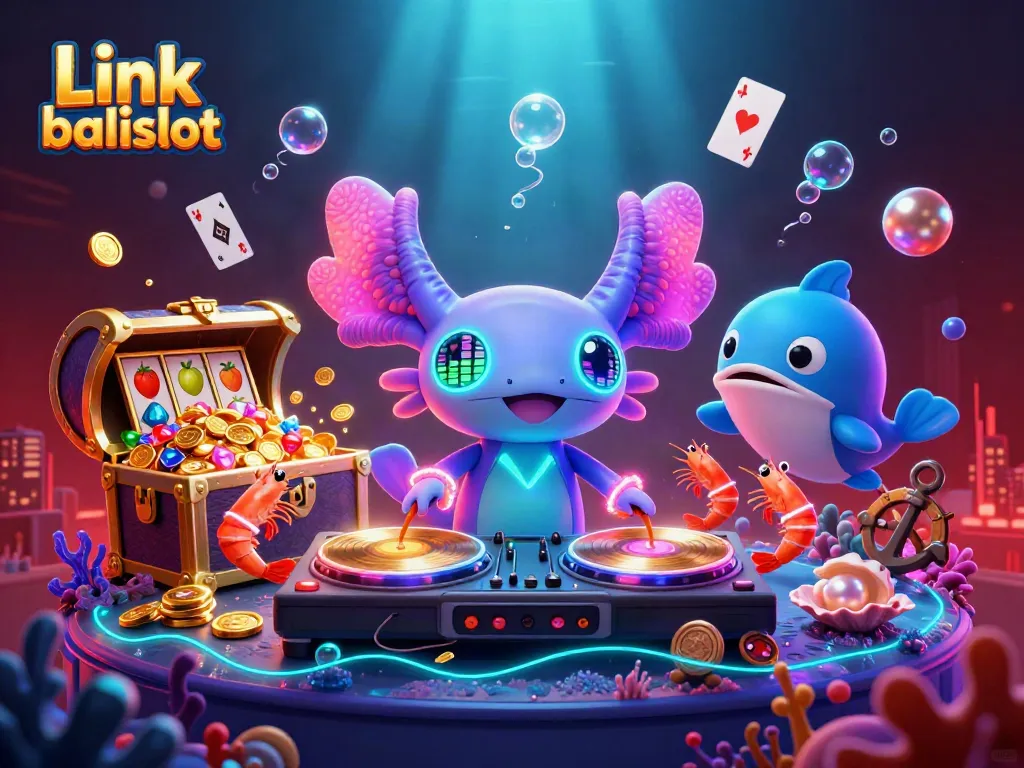 Experience the vibrant energy of Link balislot with a neon axolotl DJ and friends in a dynamic casino scene.