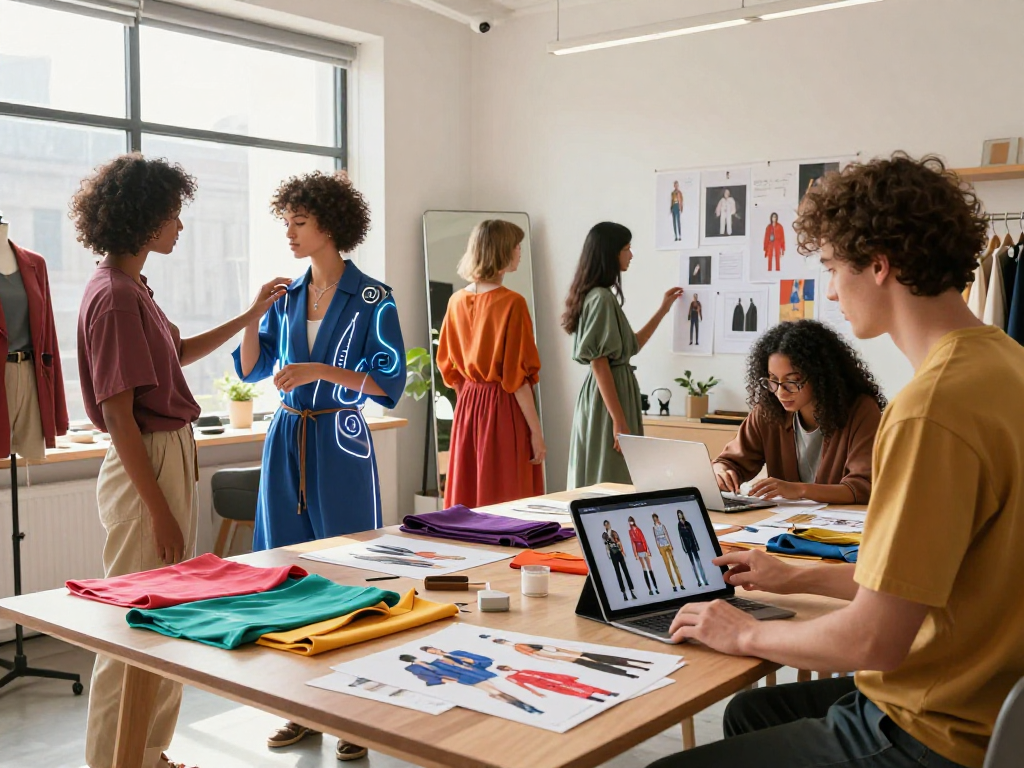 Models showcasing innovative fashion styles with AI elements, capturing vibrant studio atmosphere