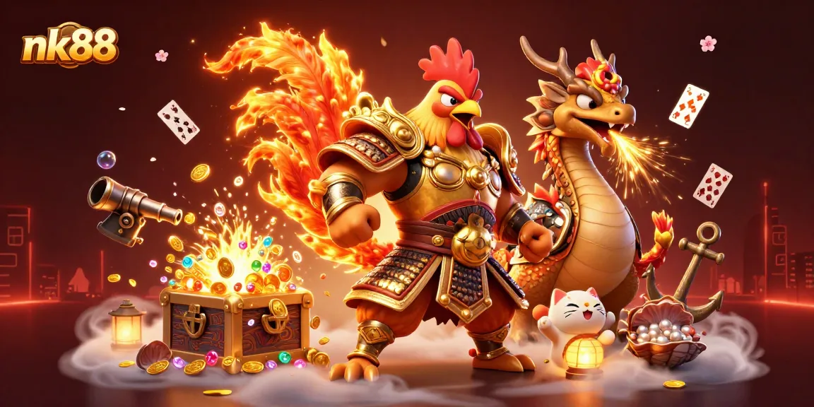 Engage with dynamic gameplay at nk88 featuring a warrior rooster, dragon hatchling, and vibrant casino elements.
