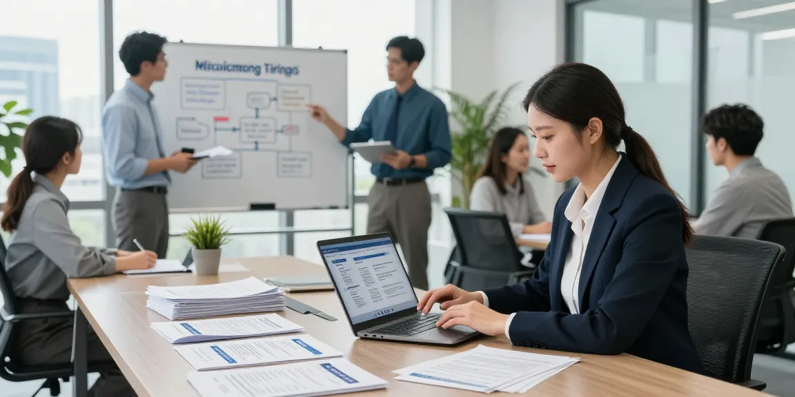 HR manager reviewing employer hiring resources in a modern office setting with team collaboration.