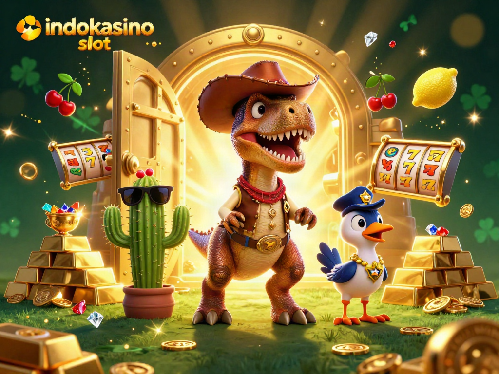 Gambarkan keseruan indokasino slot dengan dinosaur koboi dan karakter unik di dunia kasino.