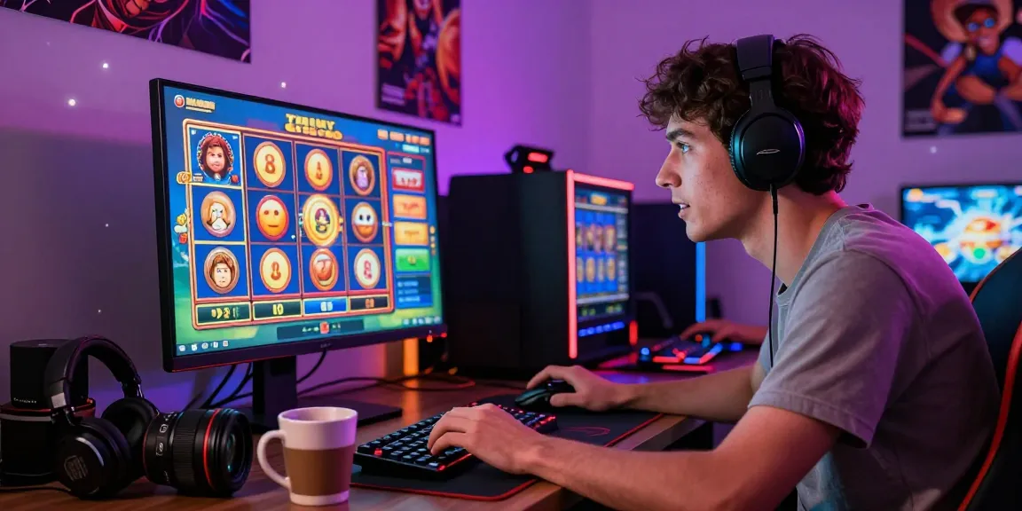 Engaged gamer playing slot depo 1000 games on a computer surrounded by gaming accessories and vibrant graphics.