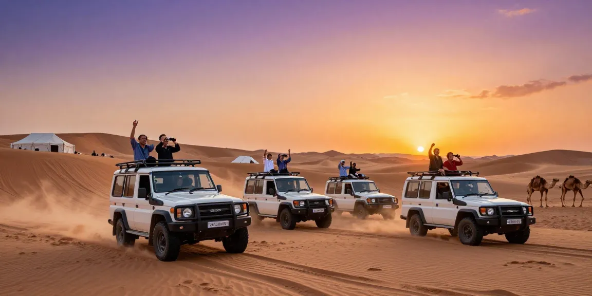 Travelers experiencing a thrilling desert safari adventure at sunset with stunning scenery and off-road vehicles.