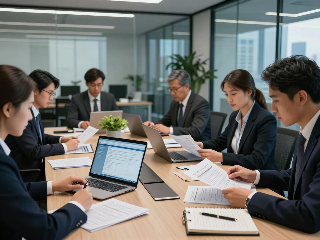 Document fraud detection solution being analyzed by professionals in a modern corporate office.