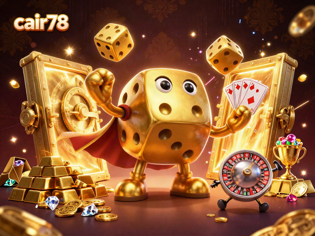 Melihat cair78 yang menawarkan pengalaman perjudian dengan simbol jackpot dan dadu emas yang melambung.