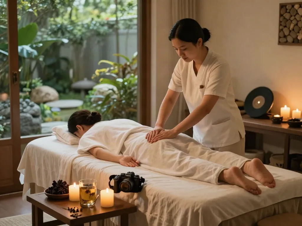 Serene 군포출장안마 spa massage scene with a therapist providing relaxation therapy in a tranquil setting.