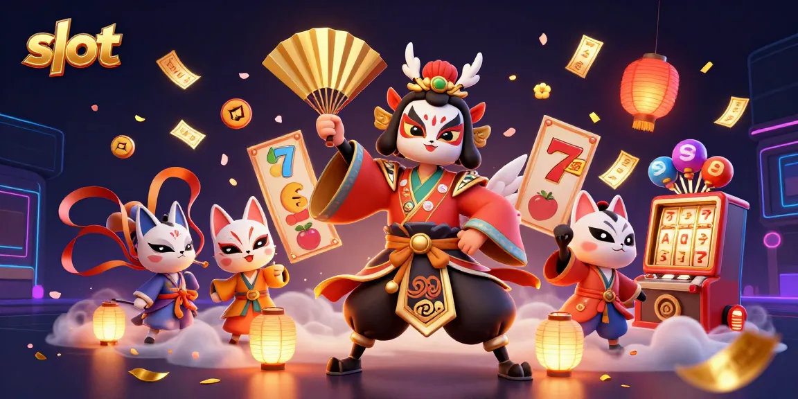 Spin colorful slot reels surrounded by animated kabuki characters and vibrant casino elements