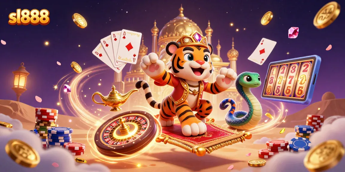 Experience the thrill of sl888 with a vibrant, magical casino scene featuring a tiger sultan and treasures.