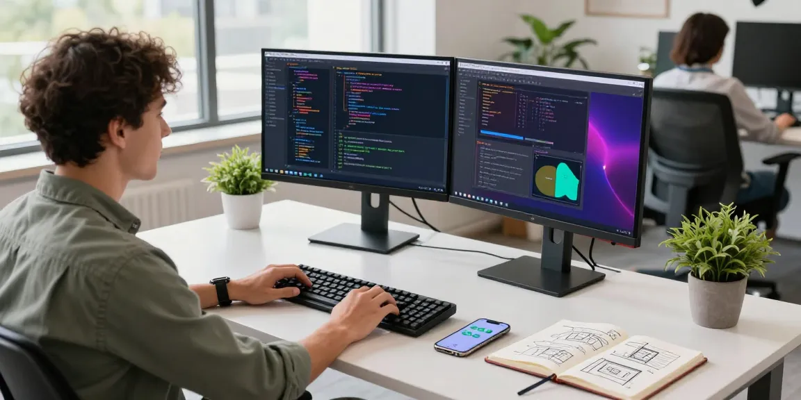 Productive tech workspace at telegramin-cn.com featuring developer at dual monitors.