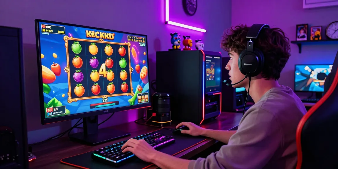 Player immersed in an exciting kecak4d 4D slot game at a vibrant gaming setup, showcasing colorful graphics and gaming accessories.