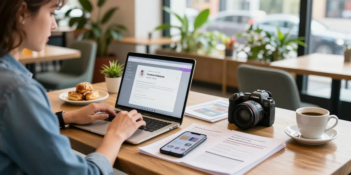 Buy real Instagram followers in a trendy café with influencer working on social media strategy.
