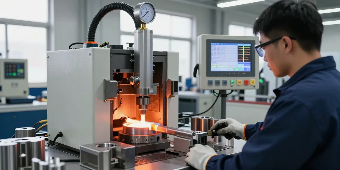 Technician operating an induction furnace ensuring precise temperature control in a clean manufacturing workshop.