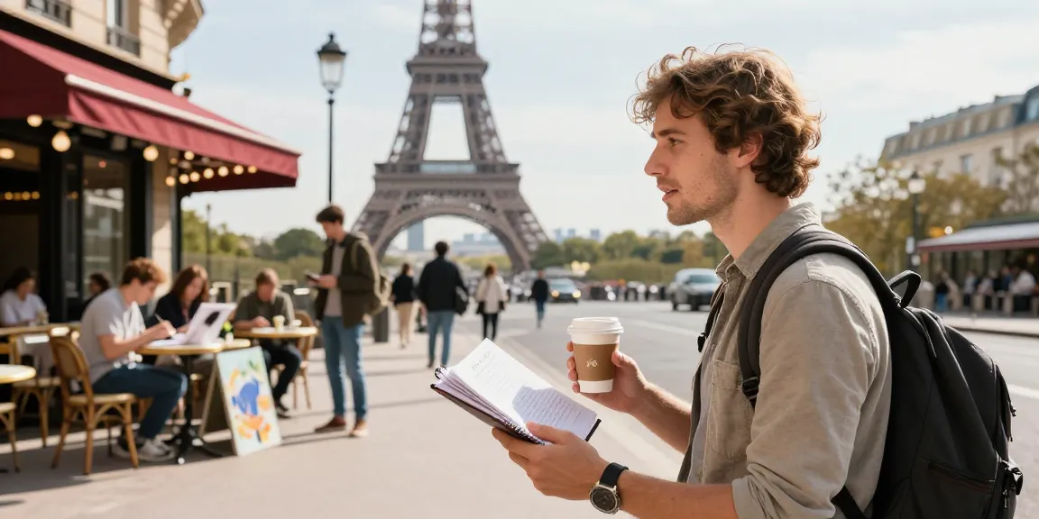 Cursos de francés en Francia - Un estudiante explorando París con un cuaderno de idiomas y monumentos icónicos.