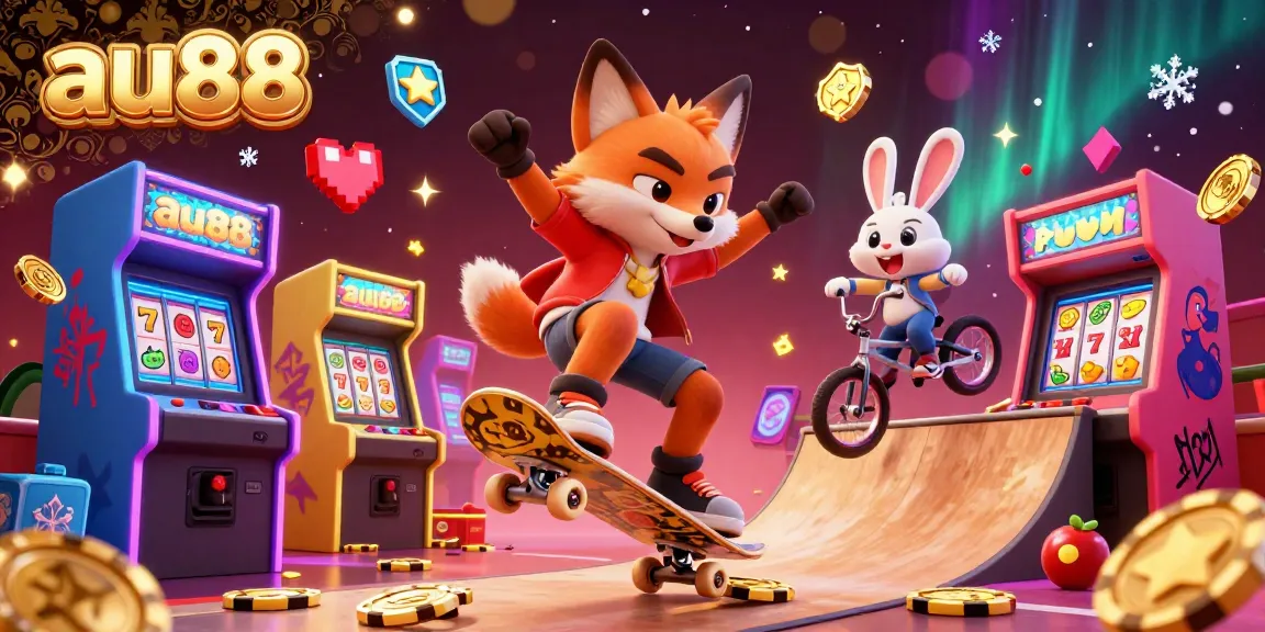 Experience the excitement of au88 with a skateboard fox and BMX rabbit in a vibrant 3D gaming scene.