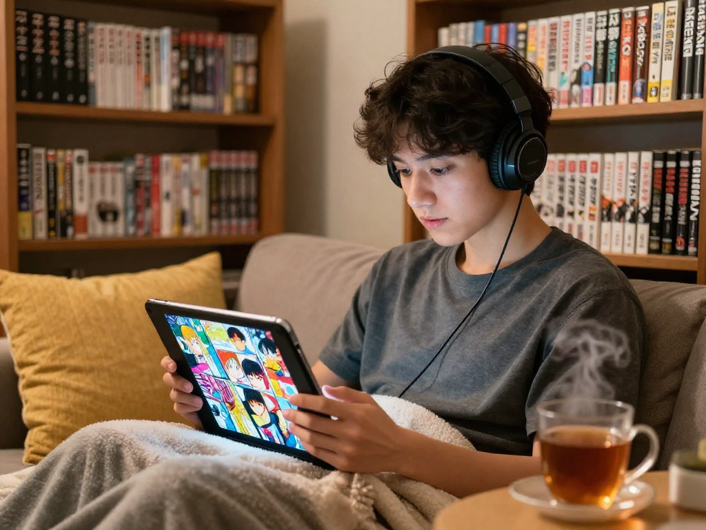 Hitomi Reader in a cozy setting, person enjoying colorful manga on tablet surrounded by books.