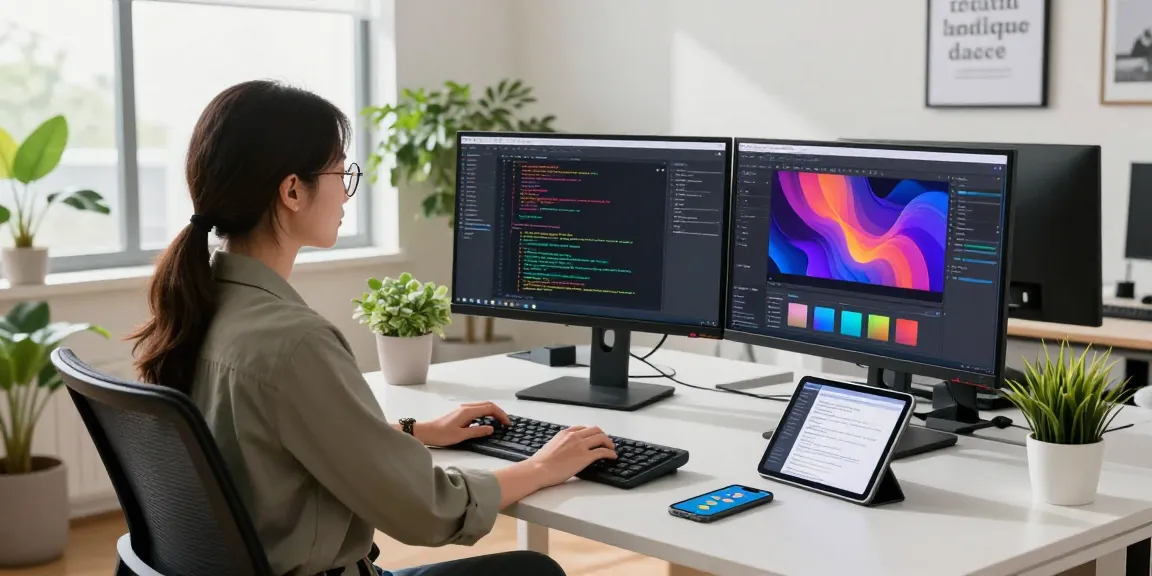 Developer working on software at telegraimin.com workspace with modern tech and vibrant lighting.