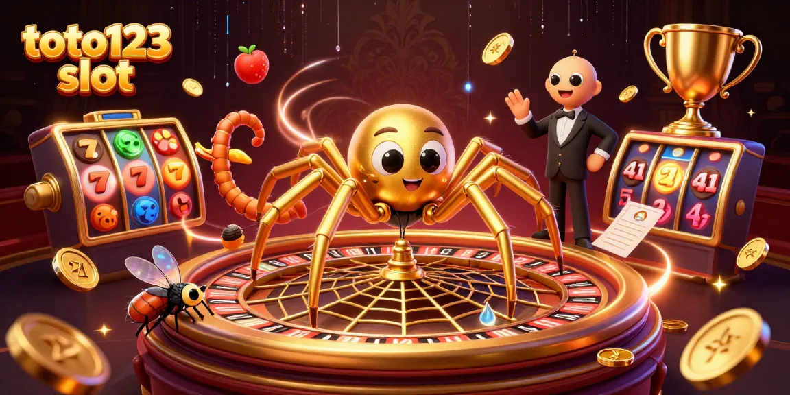 Toto123 slot captures a golden spider spinning a roulette wheel, showcasing lively slot reels and betting slips.