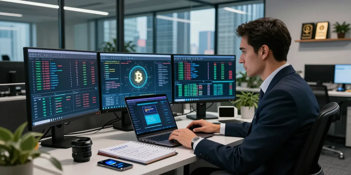 Recover lost crypto strategies displayed on multiple screens in a modern office environment.