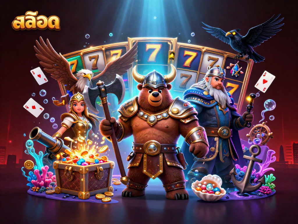 Explore สล็อต with this vibrant illustration showcasing a Viking bear and Valkyrie eagle amid dynamic slot elements.