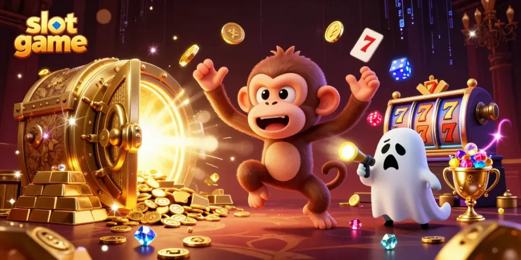 Engage with an exciting slot game scene featuring a mischievous monkey and a curious puppy in a haunted casino.