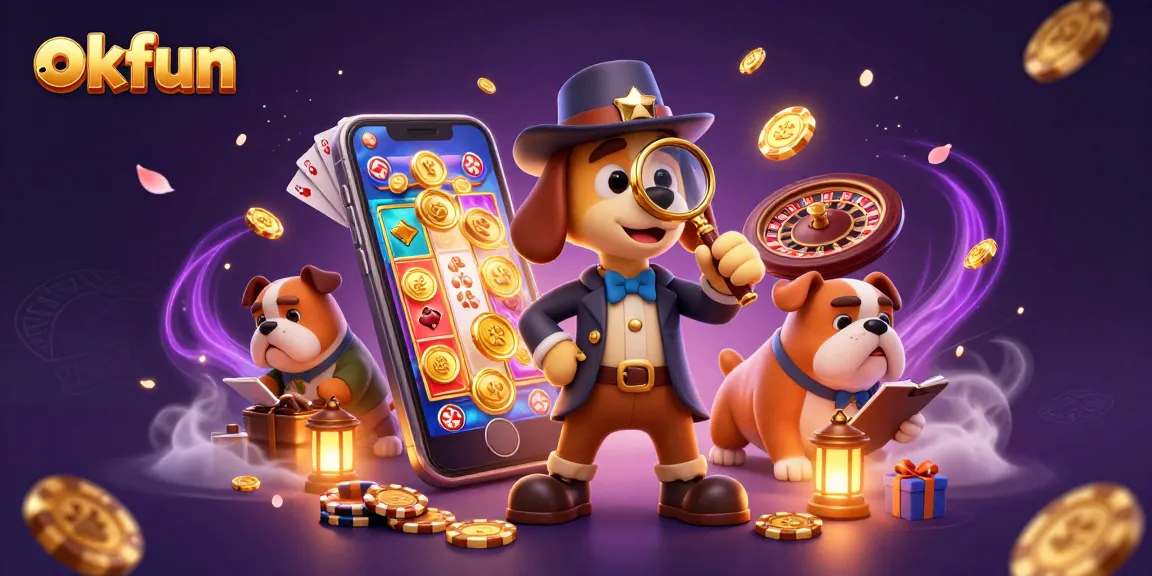 okfun showcases a thrilling scene of detectives unraveling poker secrets amidst dynamic casino elements.
