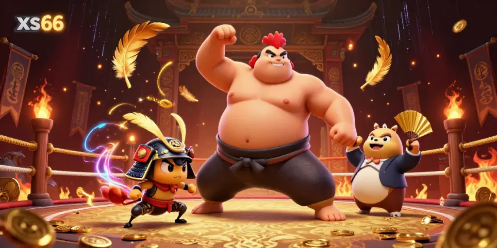 Experience thrilling gaming at xs66 with a dynamic scene featuring vibrant characters, gold tokens, and casino motifs.