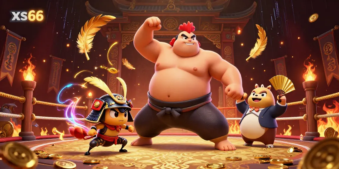 Experience thrilling gaming at xs66 with a dynamic scene featuring vibrant characters, gold tokens, and casino motifs.