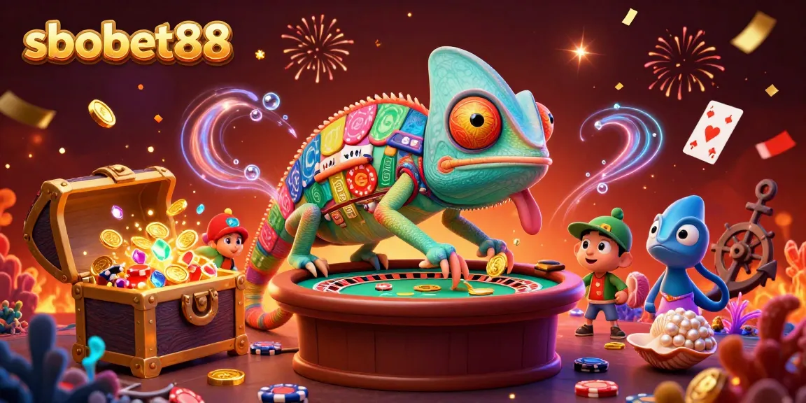 Simplify your betting with sbobet88, featuring a colorful chameleon casino owner in a vibrant gaming scene.