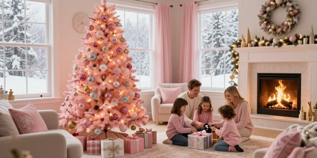 Christmas tree with pink decor in a cozy living room with family, festive ambiance.