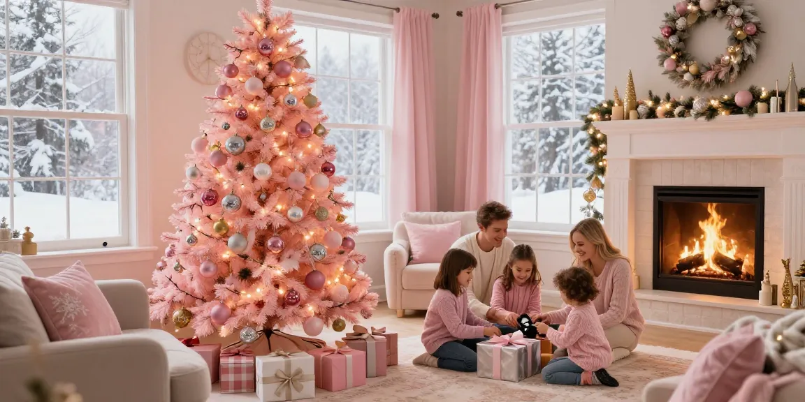 Christmas tree with pink decor in a cozy living room with family, festive ambiance.